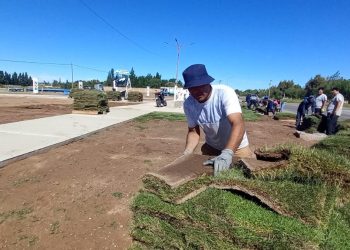 Avanza la parquización al ingreso de Plaza Huincul